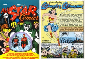 Portada de All Star Comics #08. Por Everett E. Hibbard (izquierda). Primera página de la historia de Wonder Woman. Por Harry G. Peter (derecha).